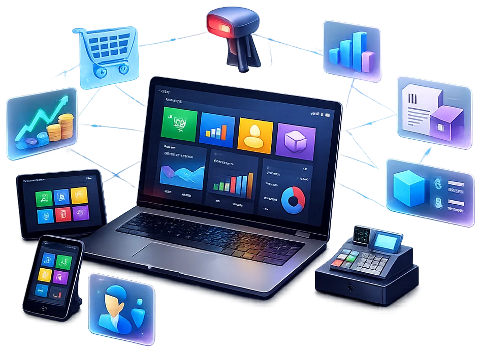 ERPlora modular POS system with laptop, tablet, mobile and cash register